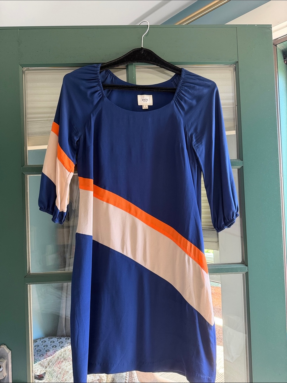 eci Royal Blue Diagonal Colorblock Tunic with Orange and Cream